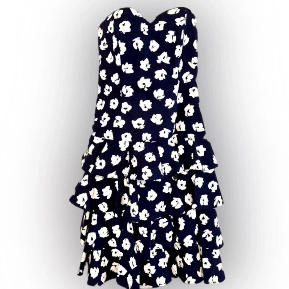 Vintage 80s 90s Dress Strapless Ruffled Cocktail Patty O’Neil Navy White Floral - Picture 8 of 8